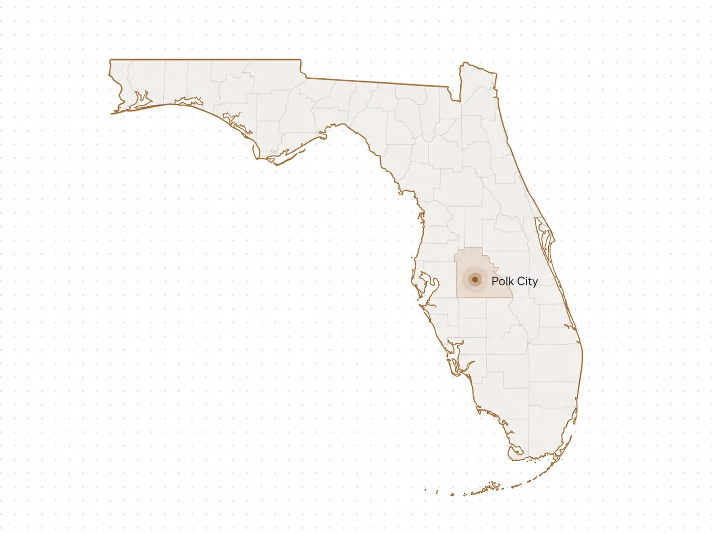 Mapa de Florida con Polk City marcado como ubicación base de EJ Méndez LLC